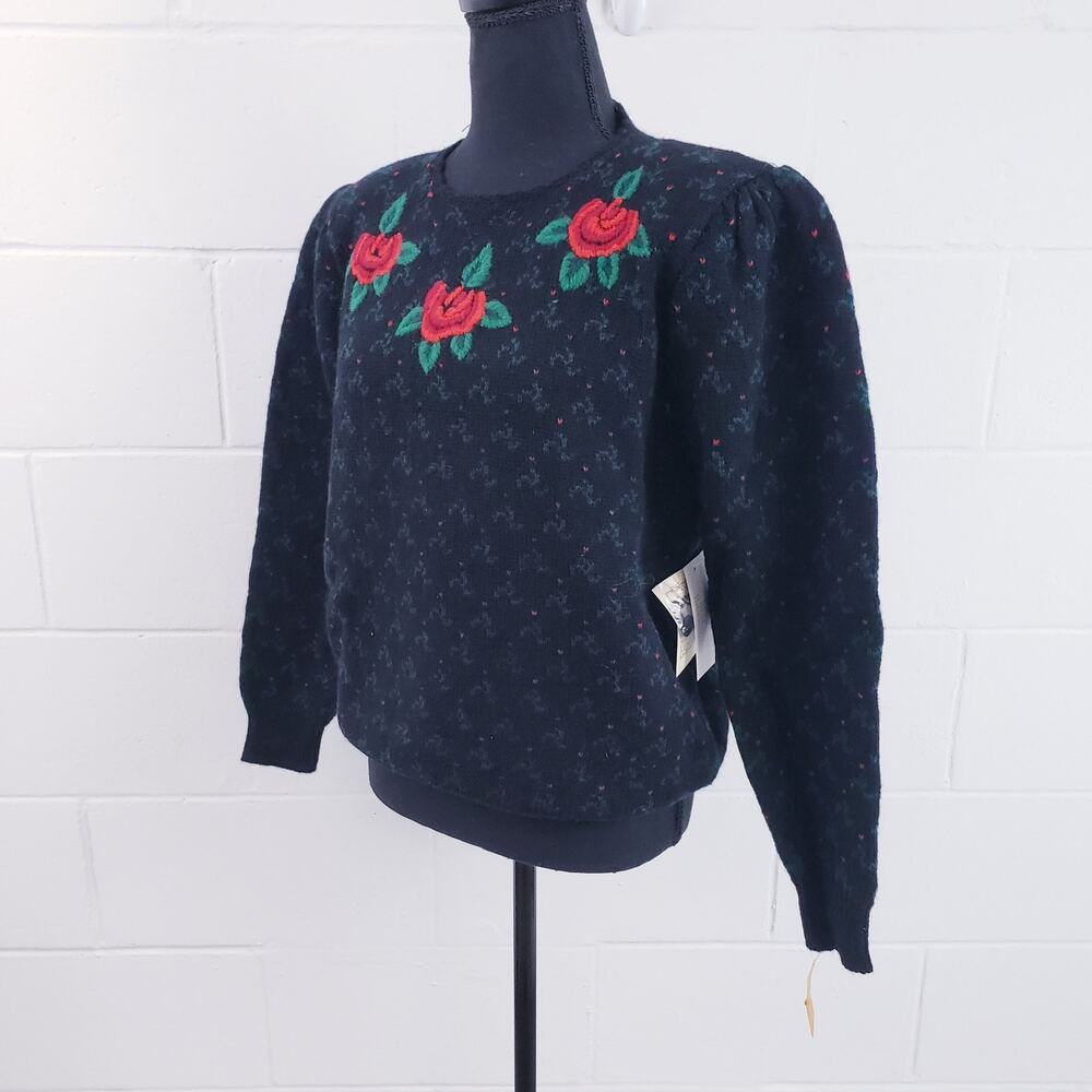 NWT 1989 Susan Bristol Vintage Wool Sweater Hand Embroidered Roses Black Sz 38